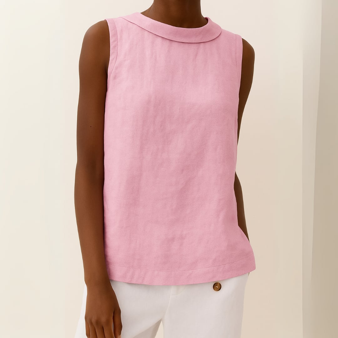Multiple color options of the sleeveless roll collar top including grey, beige, blue, white, pink, and black