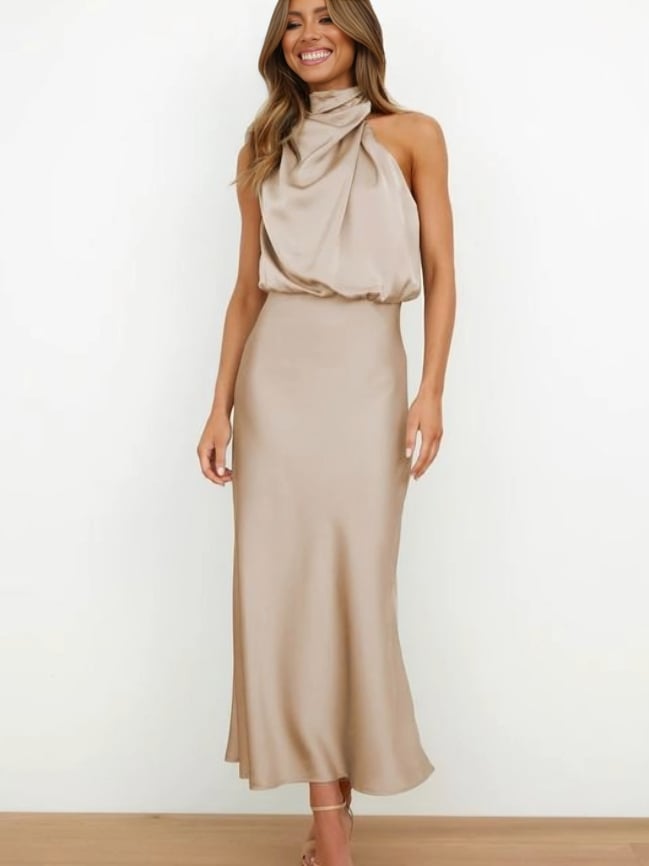 Front view of the coral pink satin halter evening dress showing the high neckline and fluid drape