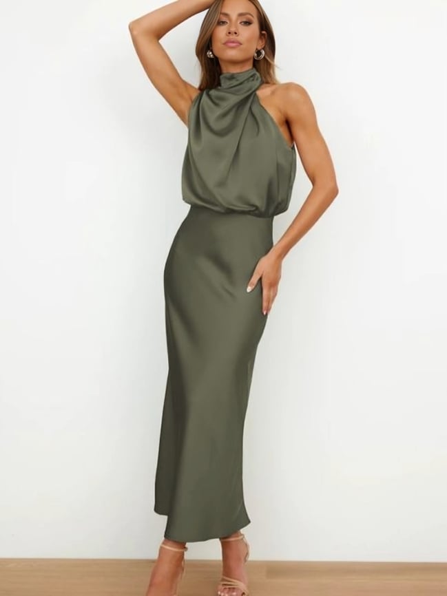Burgundy red satin halter evening dress on a model with a refined high halter neckline