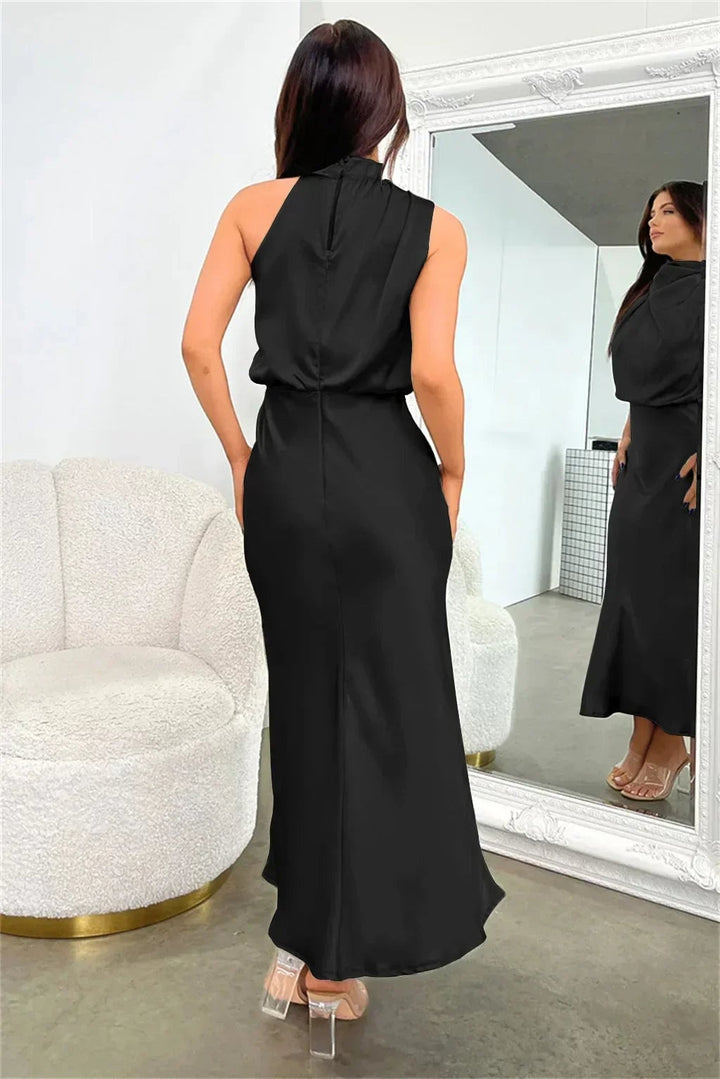 Group shot of the Mariana halter evening dress available in multiple colors including green, blue, and red