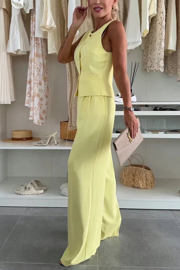 Flat lay of Maribel co-ord set in pink showing top and pants side by side