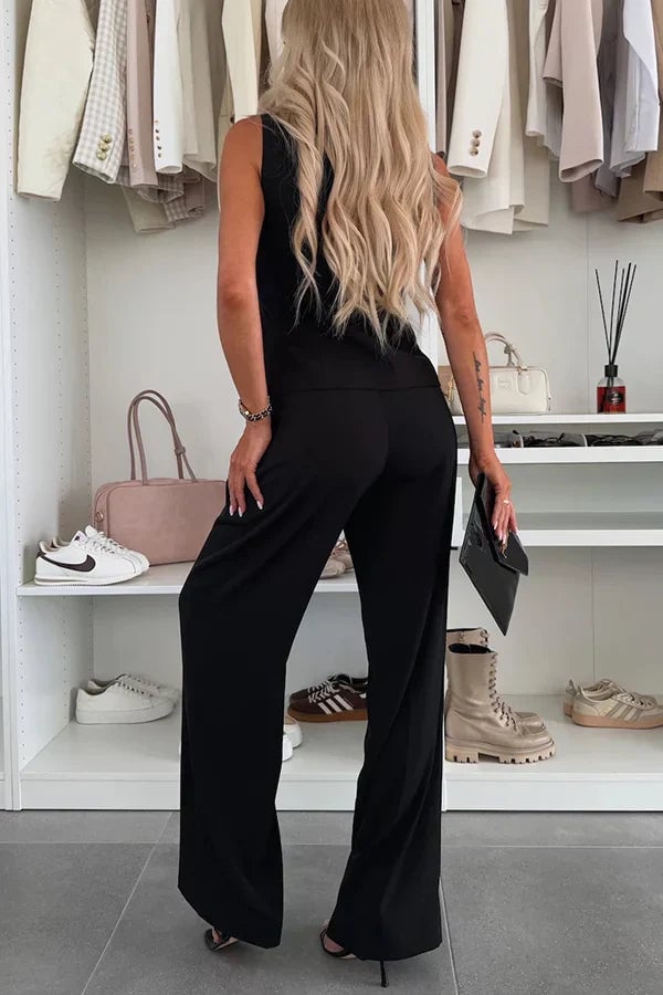 Model wearing Maribel black co-ord set with heels for an elevated evening look