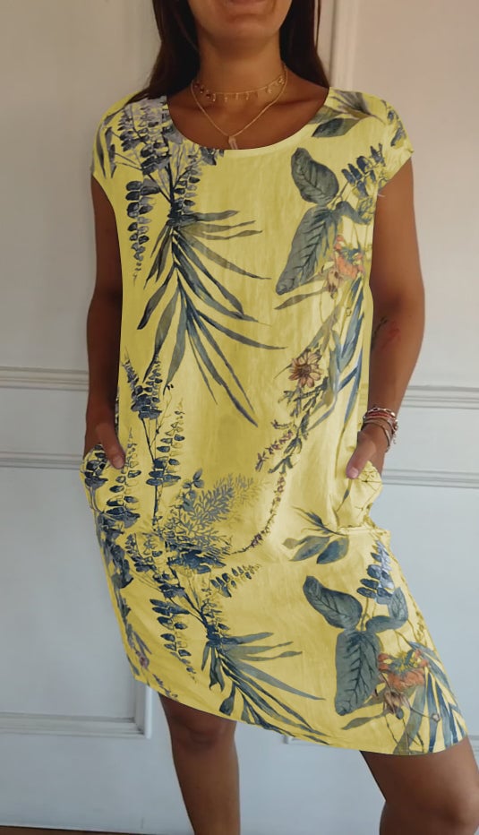Lifestyle image of a woman confidently wearing the Marilyn comfortable round neck dress outdoors