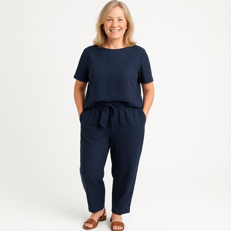Close-up of the Marilyn women's summer 2-piece set in a soft, lightweight fabric showing texture and drape detail