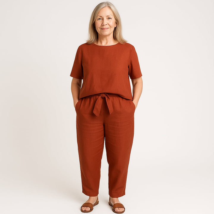 Front view of the Marilyn 2-piece set showing the relaxed silhouette and flattering drape