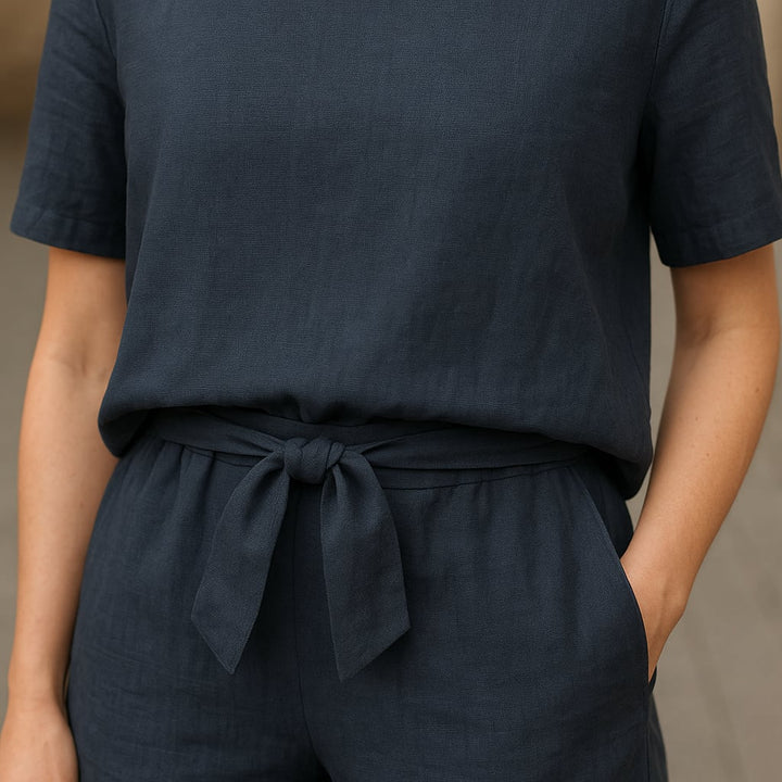 Marilyn 2-piece set in blue colorway, styled for a casual summer daytime look