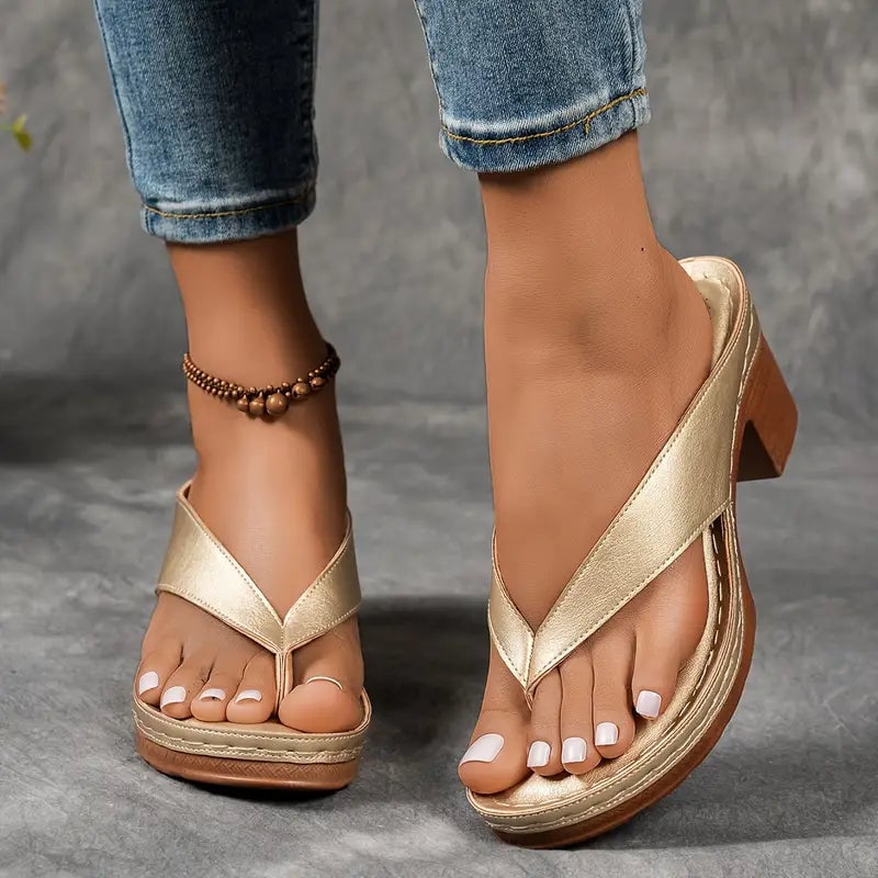 Marilyn orthopedic slippers with low heel in gold colorway, front view