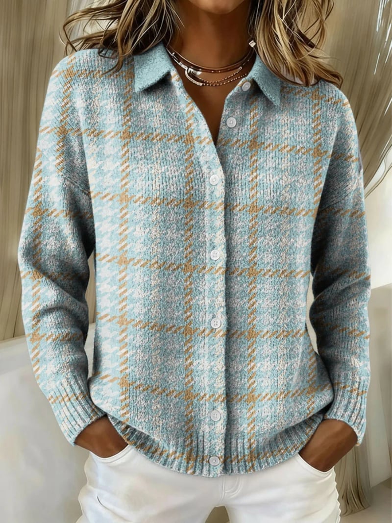 Woman wearing the Marina multicolored checkered blouse with a relaxed, flattering silhouette