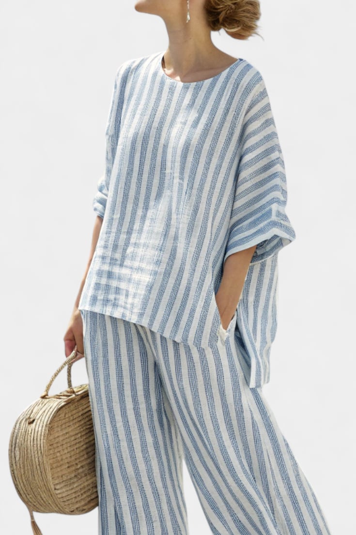 Back view of the Marina blue stripe matching top and wide-leg pants set showing relaxed fit and cropped pant length