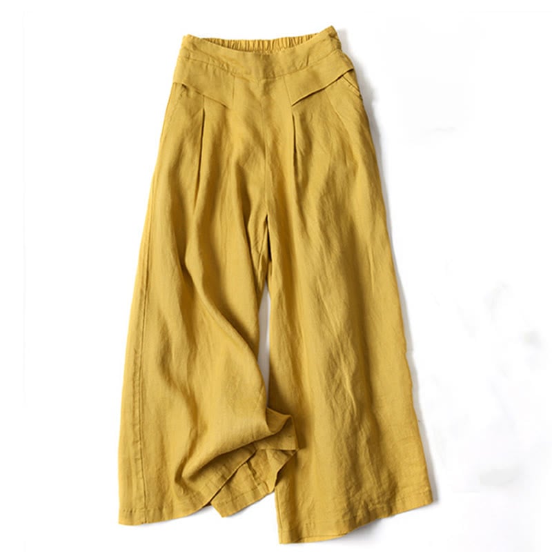 Model wearing yellow high-waist wide-leg relaxed pants with a flowy silhouette, front view