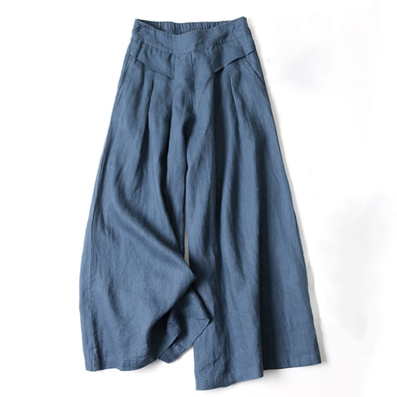 Detail shot of high-waist waistband on wide-leg relaxed pants in blue