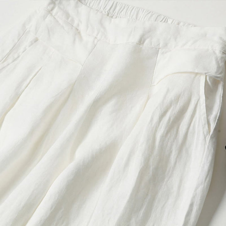 Detail shot of soft fabric drape on wide-leg relaxed pants in yellow