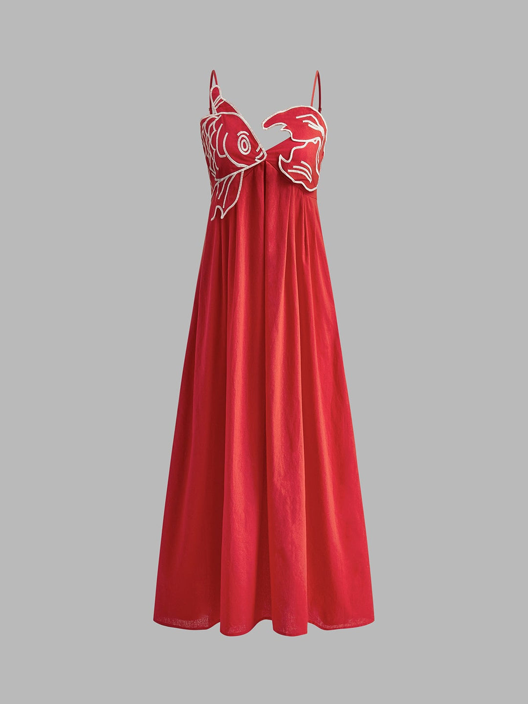 Flat lay of the Marisol embroidered maxi dress in red and black colorways side by side