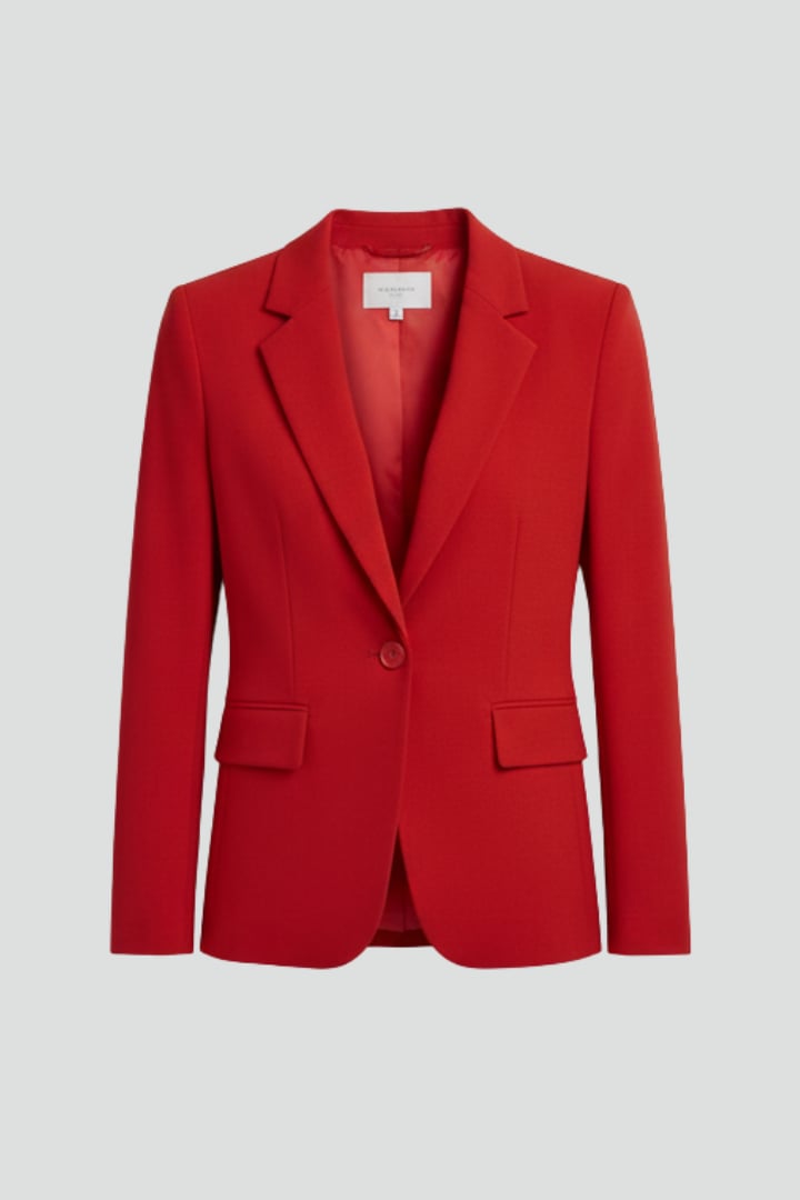 Front view of the Marisol notched lapel long sleeve blazer with single-button closure