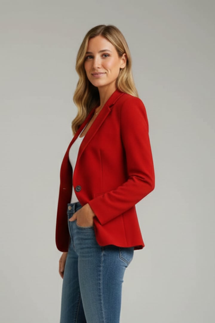Close-up of the notched lapel and single-button closure on the Marisol blazer