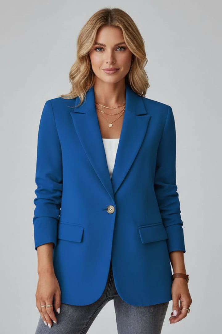 Marisol blazer in Red colorway shown on model, front-facing