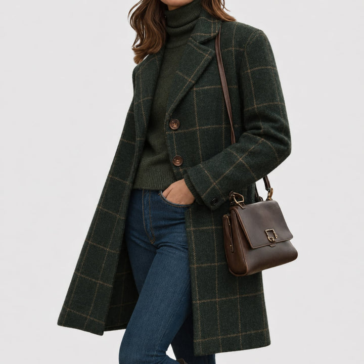Woman wearing the Mariza warm fabric-blend overcoat in green, styled with a polished, tailored look