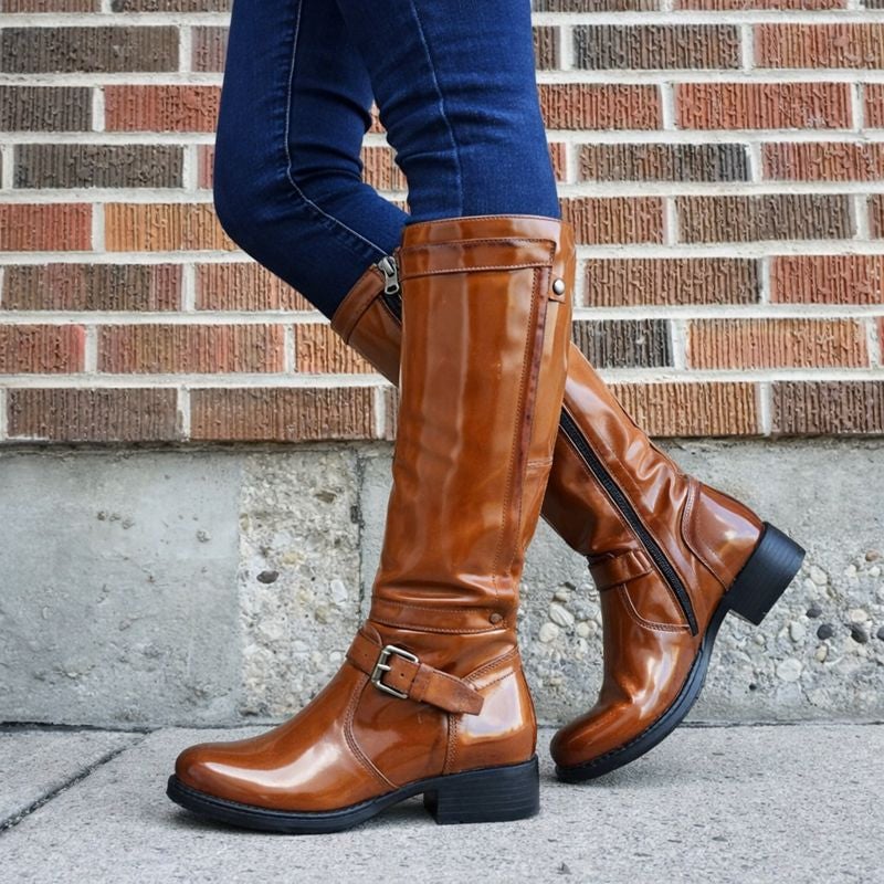 Close-up of the round toe detail on women's knee-high boots from Florimay