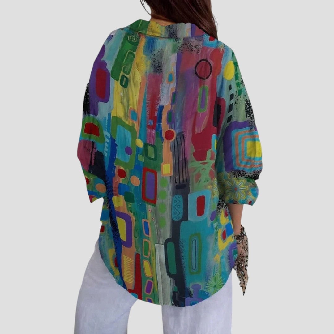 Close-up of the geometric pattern detail on a women's elegant lightweight blouse