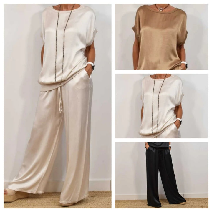 Full-length shot of the Marla two-piece set in camel, front and side angle