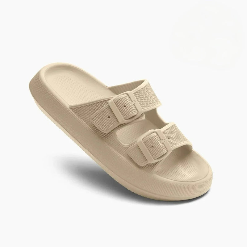 Marlowe women's flat sandals with structured straps shown in khaki from the front
