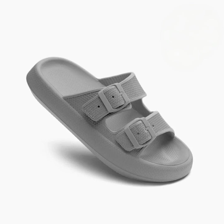 Marlowe sandals in black displayed on a neutral background to show strap detail
