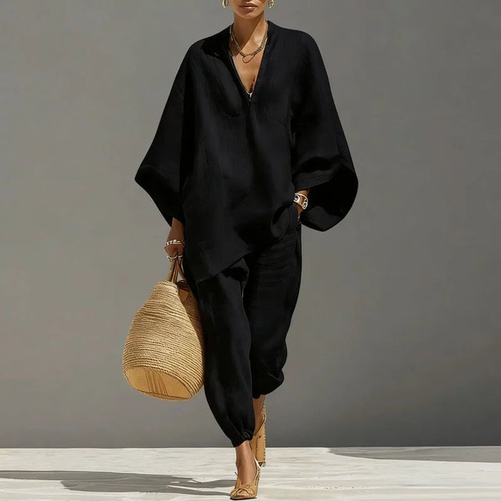 Model wearing the Marlowe set in burgundy showing the relaxed silhouette and flowing sleeve movement