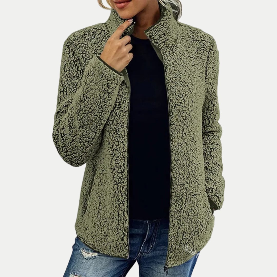 Model wearing the Marsha jacket in a bold color option, demonstrating its versatile styling potential
