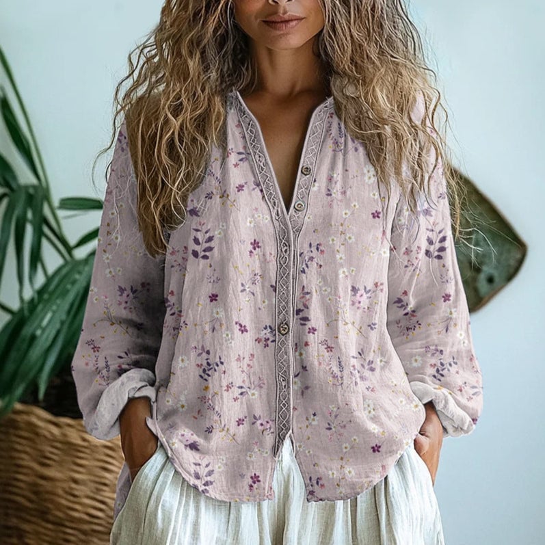 Close-up of the nature-inspired print detail on the Martha blouse