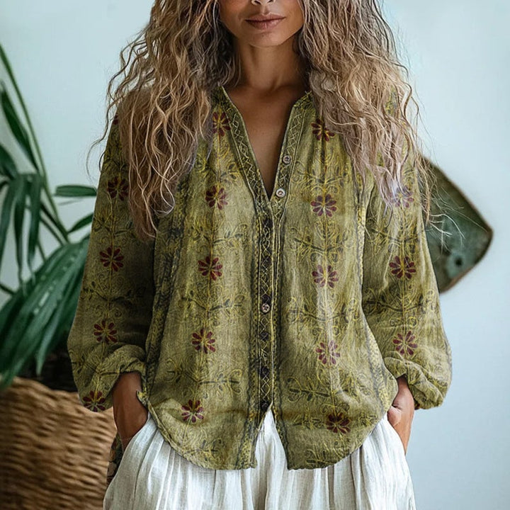Martha nature print blouse in pink shown from the front on a model