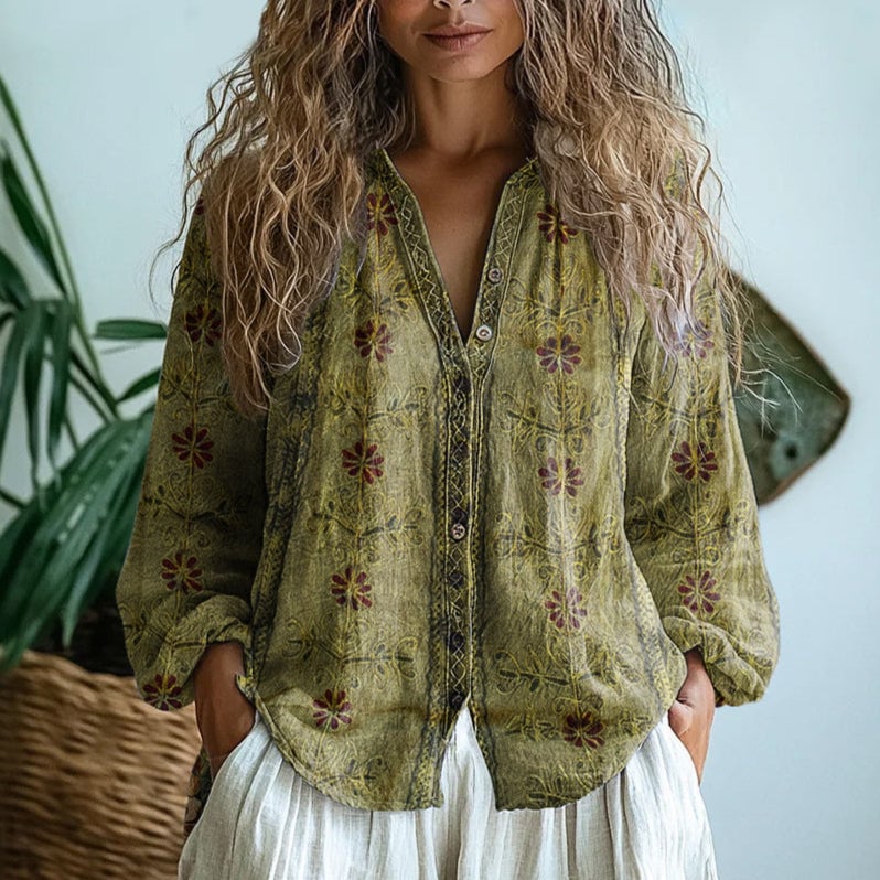 Martha nature print blouse in pink shown from the front on a model