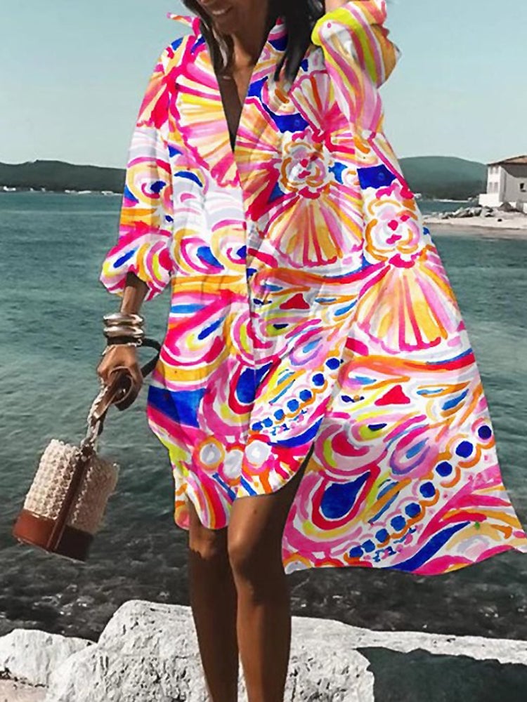 Side view of the midi shirt dress showing the relaxed silhouette and midi hemline
