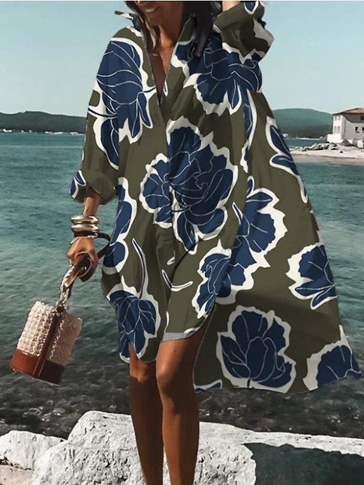 Full-length shot of the oversized midi shirt dress in gray, showing length and fit from S to 3XL