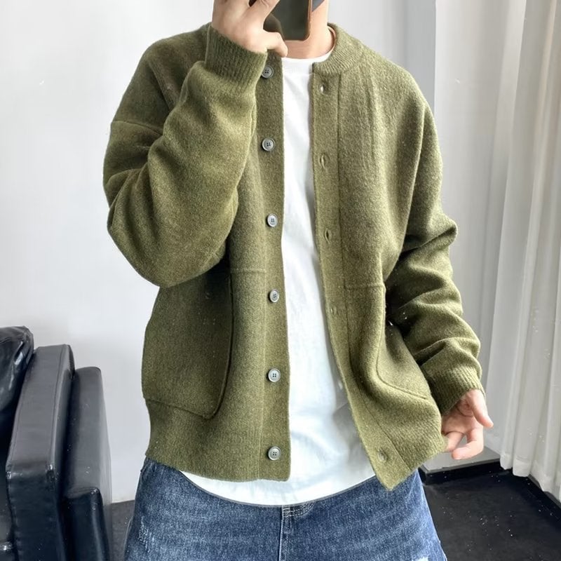 Model wearing the Mason button cardigan in a relaxed fit with a modern button-front closure