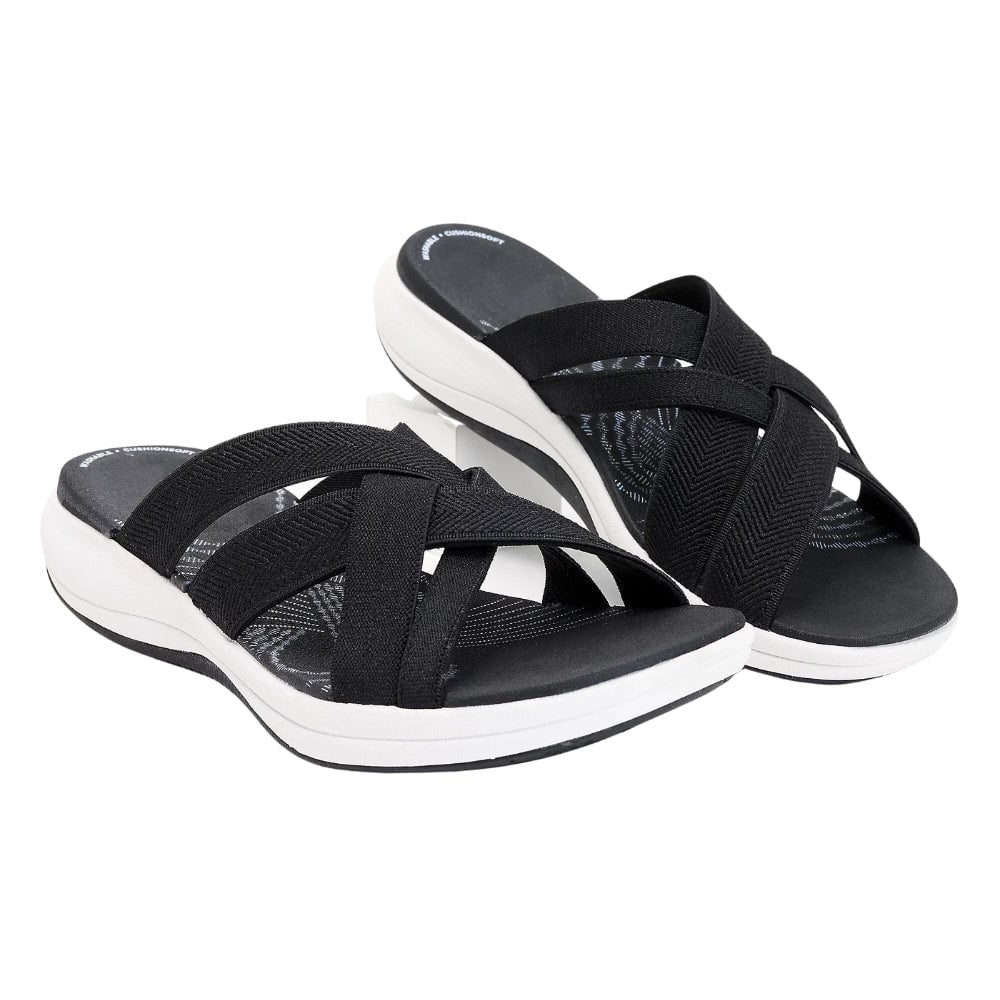 Matilda women's orthopedic cushioned sandals in black with adjustable straps and contoured footbed