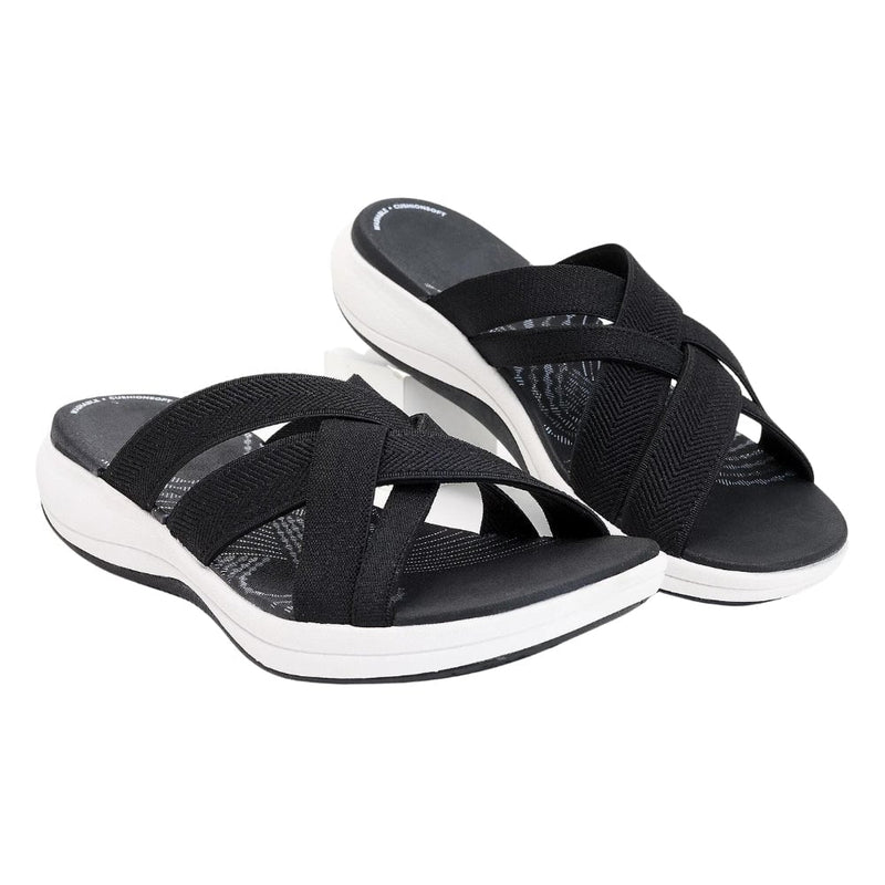 Matilda women's orthopedic cushioned sandals in black with adjustable straps and contoured footbed