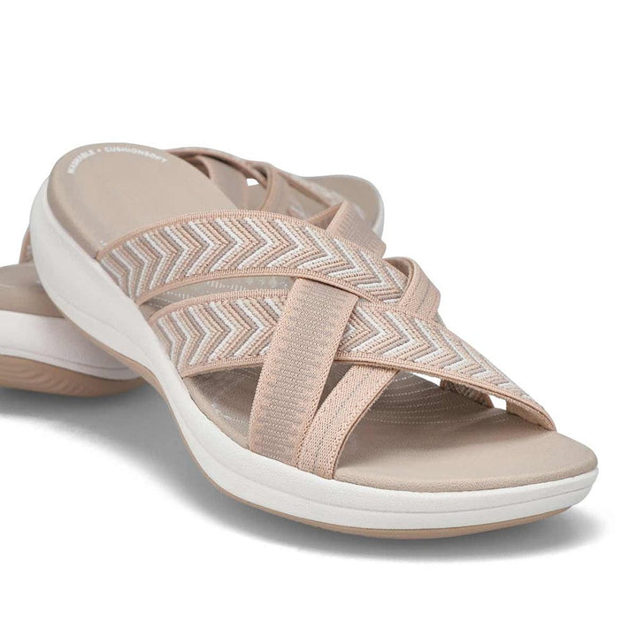 Top-down view of Matilda beige orthopedic sandals showing contoured arch support footbed