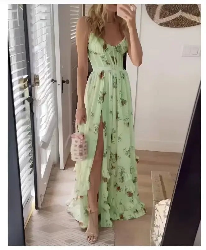 Side profile of the Matilda floral dress in green highlighting the lightweight fabric and fit
