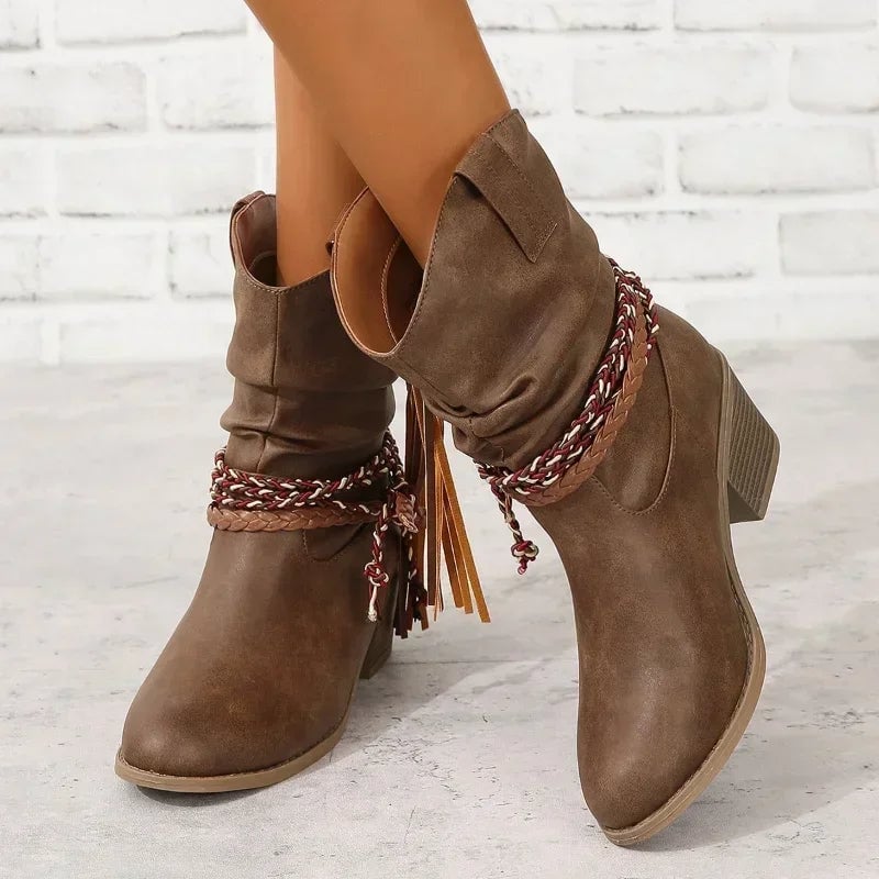 Dark brown mid-calf western boots with classic stitching detail, shown from the front on a white background