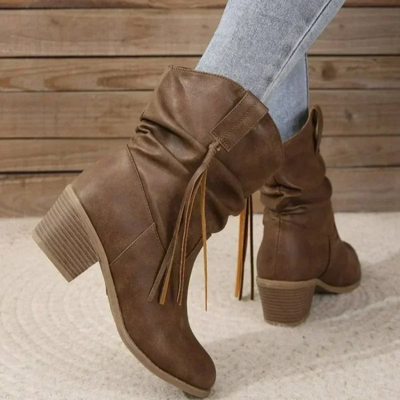 Detail shot of dark brown western boot sole and heel profile