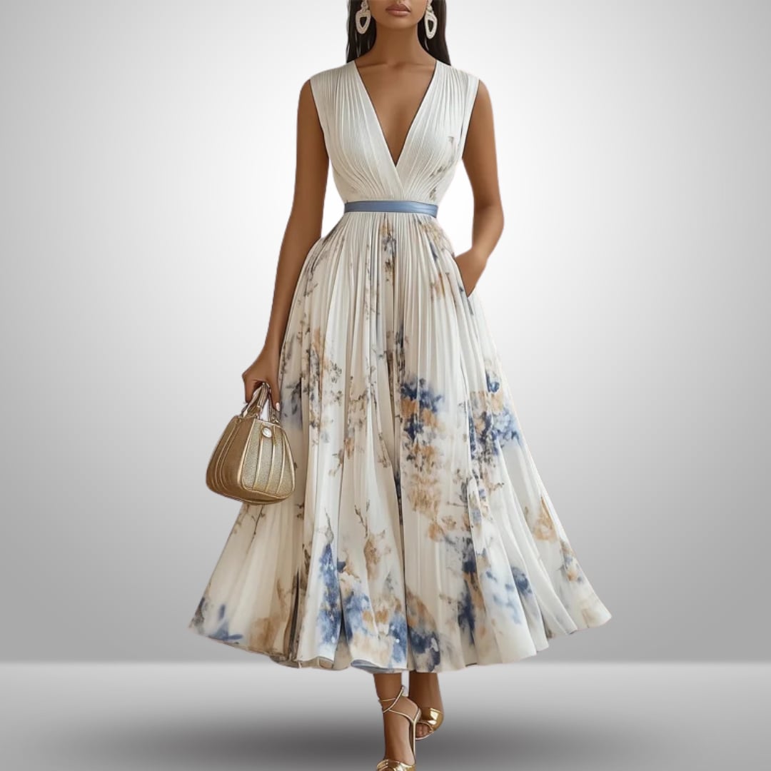 Woman wearing a beige flowy sleeveless V-neck maxi dress in a bright outdoor setting
