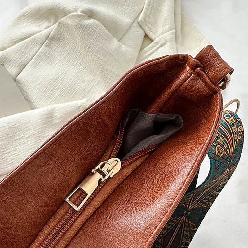 Close-up of patterned strap detail on brown fashion shoulder bag