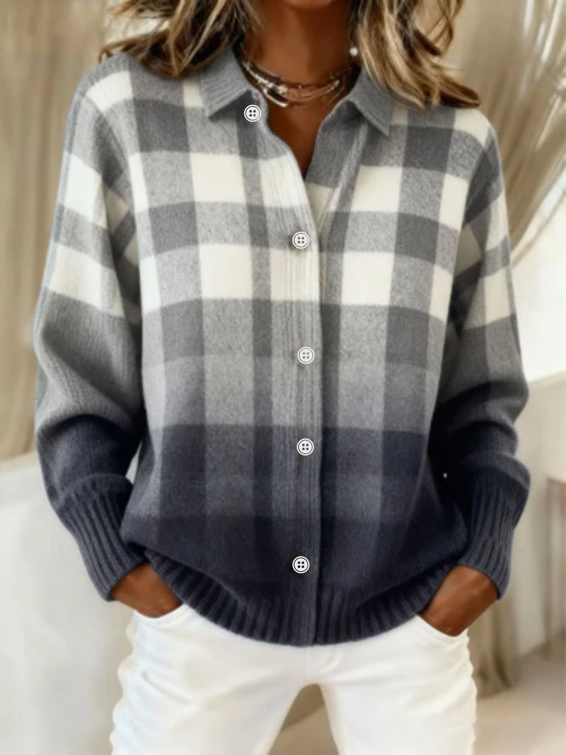 Woman wearing a multicolored checkered blouse with a relaxed, polished fit, styled for a smart-casual everyday look