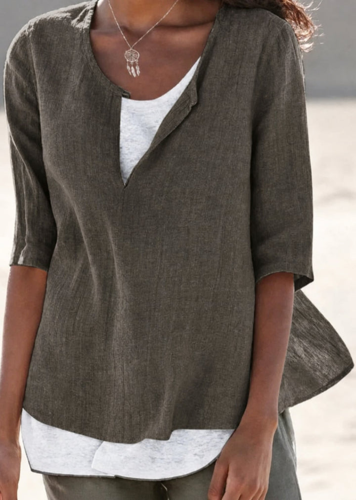 Women's 3/4 sleeve linen blouse with split V-neckline and built-in layered hem in brown
