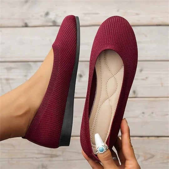 Close-up of the stretch knit upper and cushioned footbed detail on the Maya ballet flat