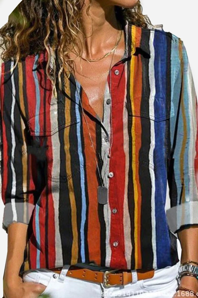 Woman wearing the Maya colorful vertical-striped long-sleeve button-down shirt in a relaxed fit, front view