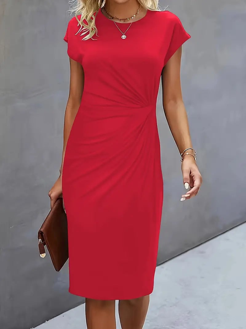 Side view of the Maya ruched midi dress showing the fitted midi-length silhouette in blue