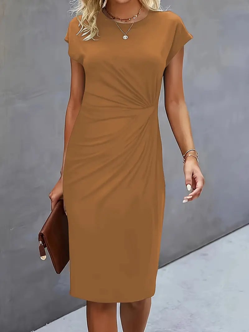 Back view of the Maya ruched midi dress in blue