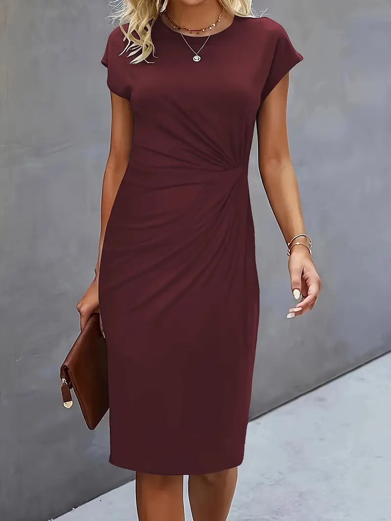 Front view of the Maya ruched midi dress in red