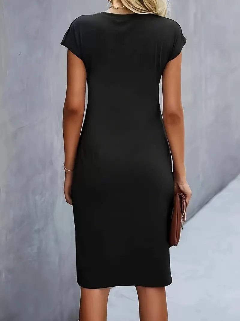 Side view of the Maya midi dress in red highlighting the ruched waist